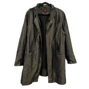Gallery Woman Long Nylon Coat Dark Olive Green Hooded Jacket Size 1X